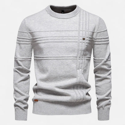 Men's long sleeve striped crew neck sweater with ribbed trims