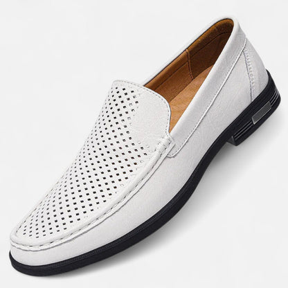Men's perforated slip-on loafer with stitched trim and flat sole