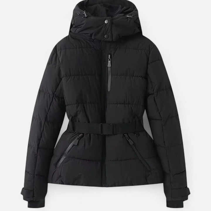 Women's cropped quilted hooded ski jacket with belt and zipper