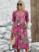 Women's abstract print midi dress with V-neck and three-quarter sleeves, shown in mixed-tone colourway