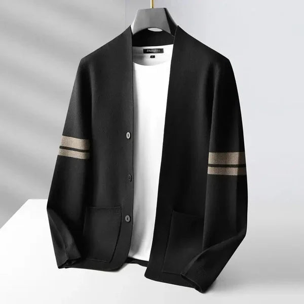 Men's button-front cardigan with striped sleeves and patch pockets