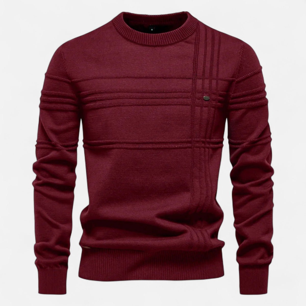 Men's long sleeve striped crew neck sweater with ribbed trims