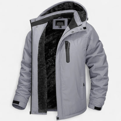 Men's hooded winter parka with fleece-looking lining and camouflage pattern