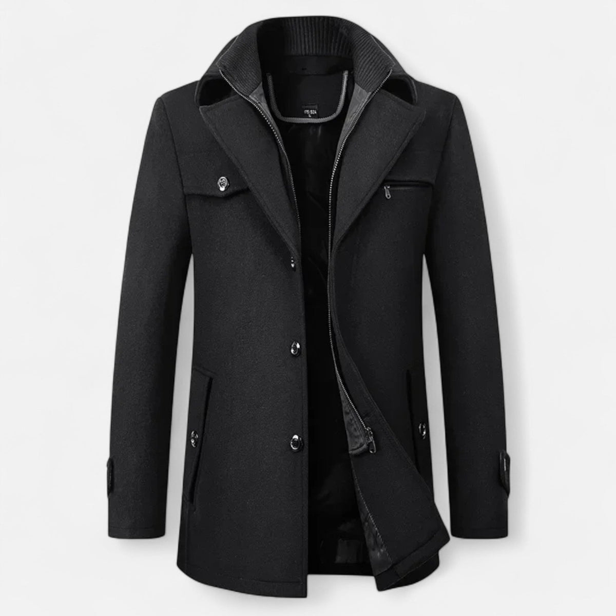 Men's long coat with stand collar, zip and button front