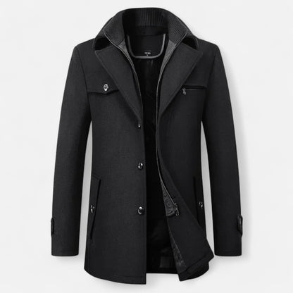 Men's long coat with stand collar, zip and button front