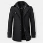 Men's long coat with stand collar, zip and button front