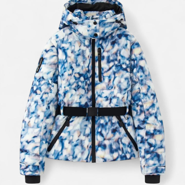 Women's cropped quilted hooded ski jacket with belt and zipper