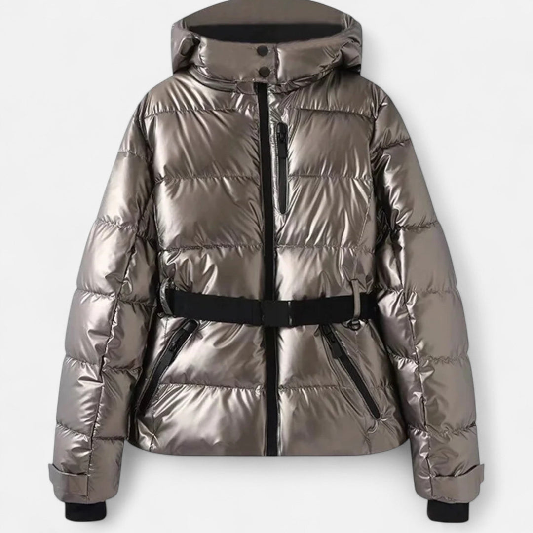 Women's cropped quilted hooded ski jacket with belt and zipper