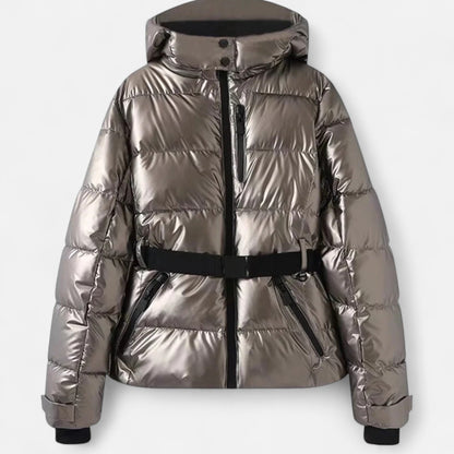 Women's cropped quilted hooded ski jacket with belt and zipper