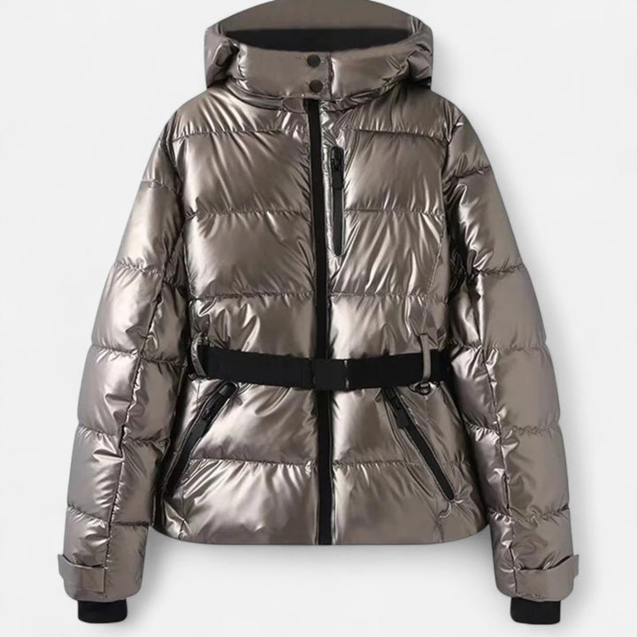 Women's cropped quilted hooded ski jacket with belt and zipper