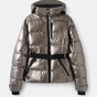 Women's cropped quilted hooded ski jacket with belt and zipper