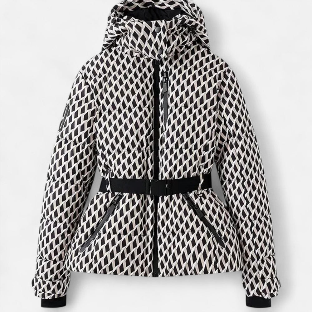 Women's cropped quilted hooded ski jacket with belt and zipper