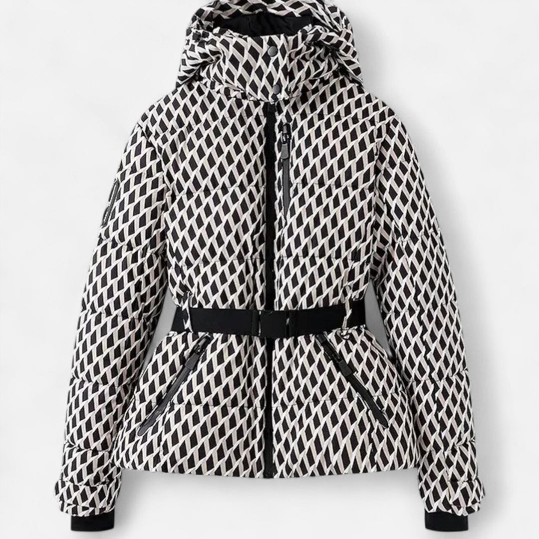 Women's cropped quilted hooded ski jacket with belt and zipper