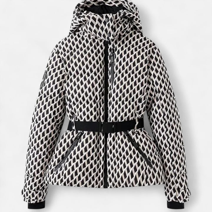 Women's cropped quilted hooded ski jacket with belt and zipper
