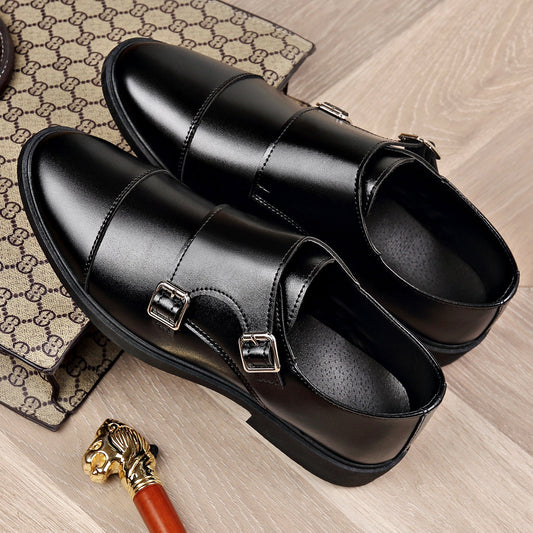 Men's double monk strap shoes with almond toes and buckle closures