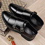 Men's double monk strap shoes with almond toes and buckle closures