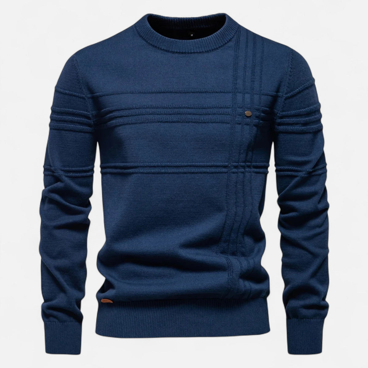Men's long sleeve striped crew neck sweater with ribbed trims