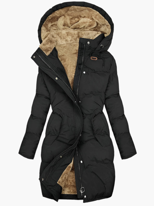 Women's long padded hooded coat with plush pile lining and front pockets
