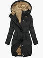 Women's long padded hooded coat with plush pile lining and front pockets