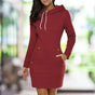 Women's long-sleeved hooded knee-length sweatshirt dress with drawstrings and front pockets