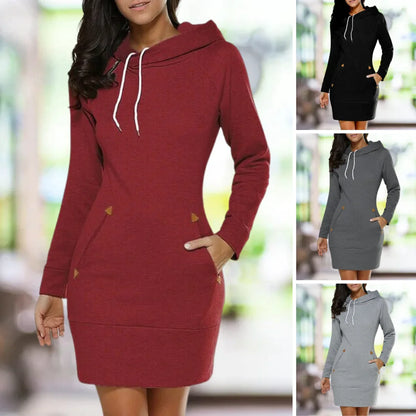 Women's long-sleeved hooded knee-length sweatshirt dress with drawstrings and front pockets