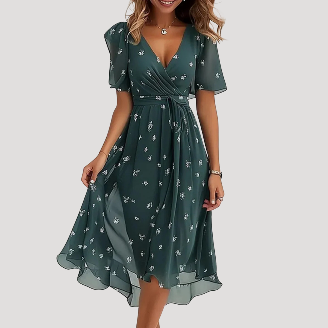 Women's floral wrap midi dress with V-neckline and short flutter sleeves