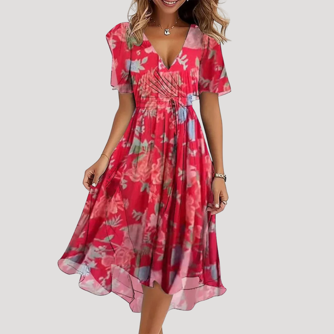 Women's floral wrap midi dress with V-neckline and short flutter sleeves
