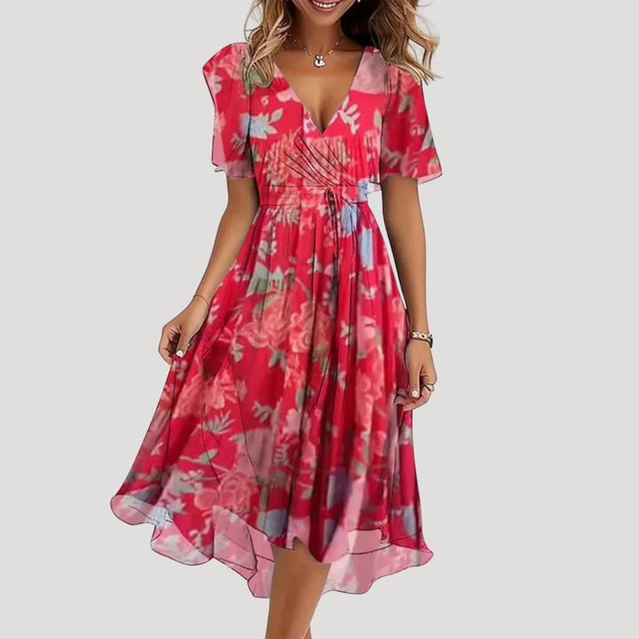Women's floral wrap midi dress with V-neckline and short flutter sleeves