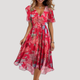 Women's floral wrap midi dress with V-neckline and short flutter sleeves