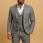 Men's three-piece slim fit suit with notched lapels, waistcoat and trousers