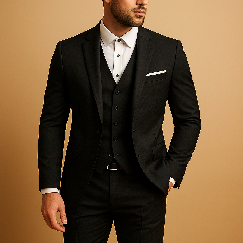 Men's three-piece slim fit suit with notched lapels, waistcoat and trousers
