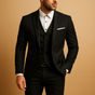 Men's three-piece slim fit suit with notched lapels, waistcoat and trousers