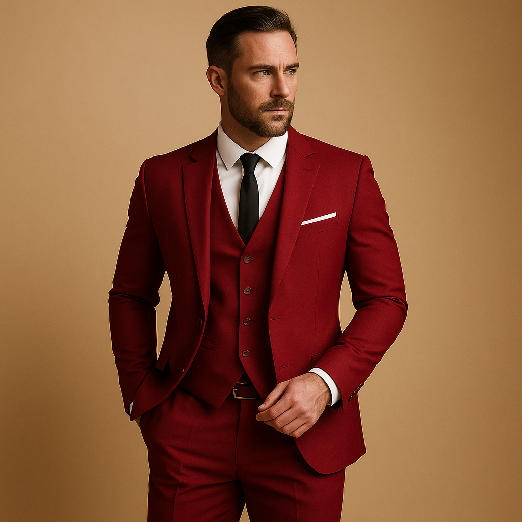 Men's three-piece slim fit suit with notched lapels, waistcoat and trousers