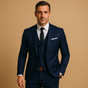 Men's three-piece slim fit suit with notched lapels, waistcoat and trousers