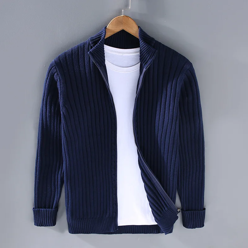 Men's ribbed knit cardigan with mock collar and full front zipper