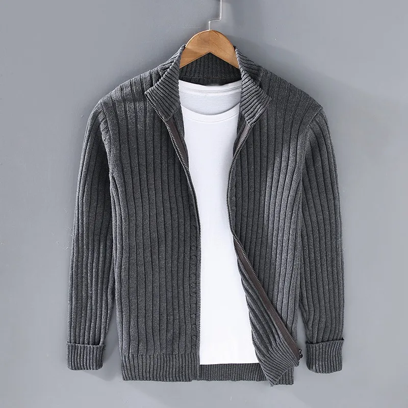 Men's ribbed knit cardigan with mock collar and full front zipper