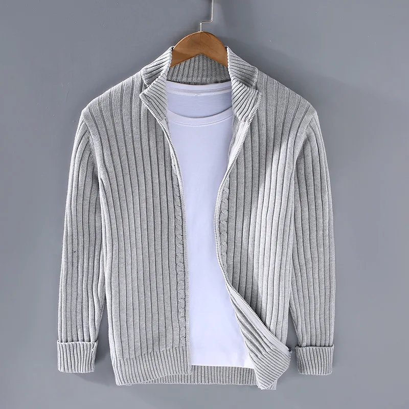 Men's ribbed knit cardigan with mock collar and full front zipper
