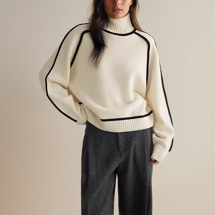 Women's turtleneck knit sweater with long sleeves and contrast piping