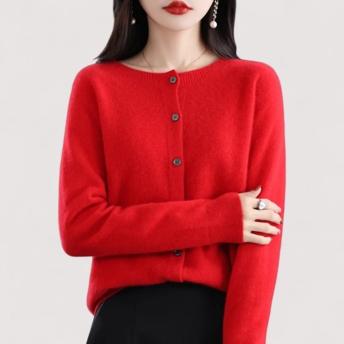 Women's long-sleeve crew-neck button front knit cardigan