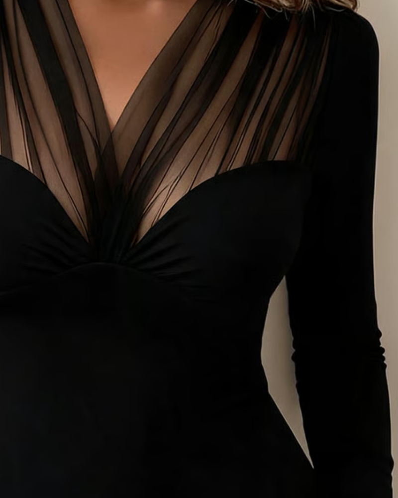 Women's long-sleeve V-neck blouse with sheer striped chest panel