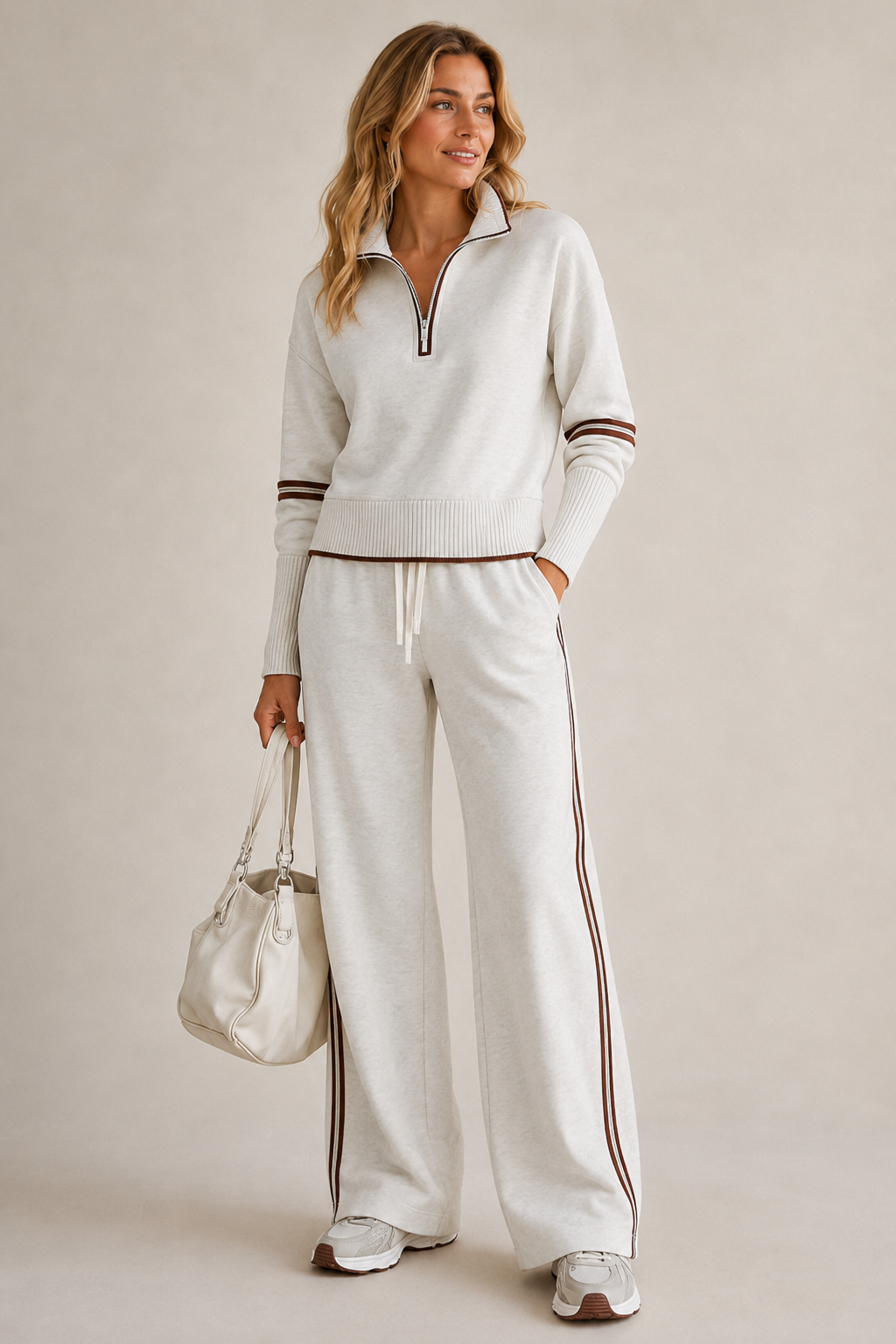 Women's zip sweater and wide-leg trouser set with contrast side stripes