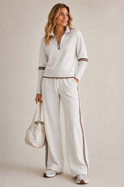 Women's zip sweater and wide-leg trouser set with contrast side stripes