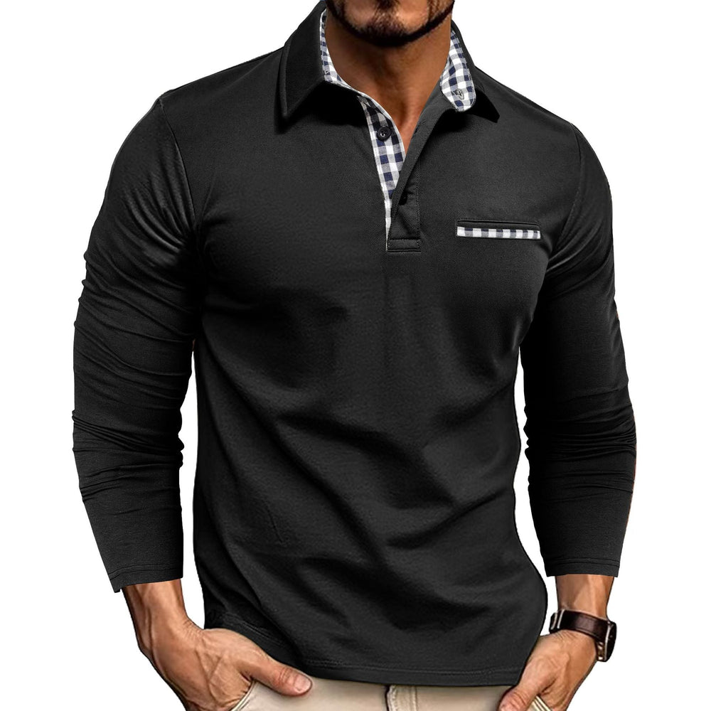 Men's long-sleeve polo shirt with checked collar and chest pocket