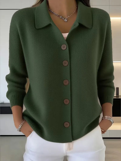 Women's textured button-front cardigan with pointed collar and long sleeves