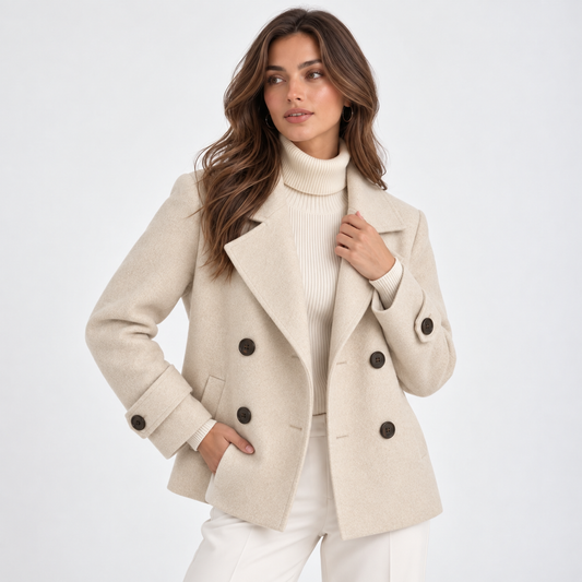 Women's short double-breasted coat with notched lapels and buttoned cuffs