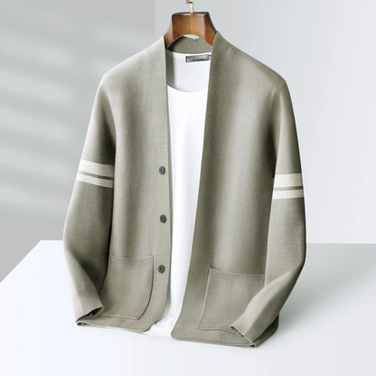 Men's button-front cardigan with striped sleeves and patch pockets