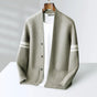 Men's button-front cardigan with striped sleeves and patch pockets