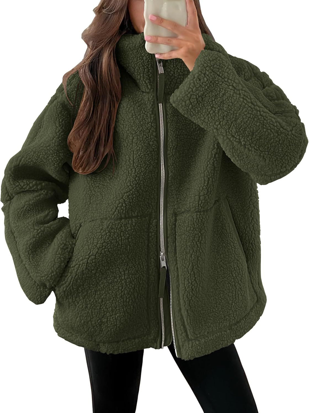 Women's textured teddy fleece zip-up coat with stand collar and front pockets