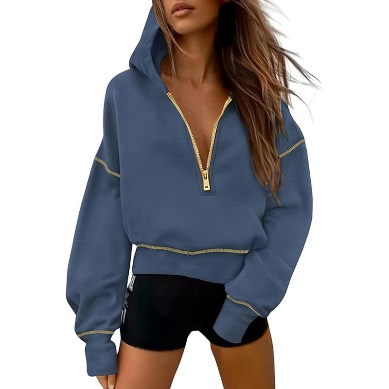 Women's cropped hooded sweatshirt with half zip and contrast stitching
