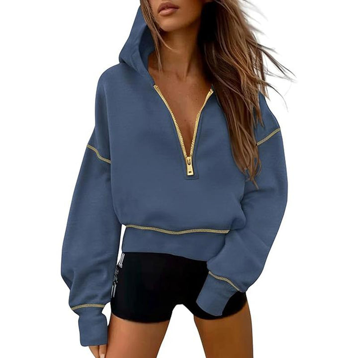 Women's cropped hooded sweatshirt with half zip and contrast stitching